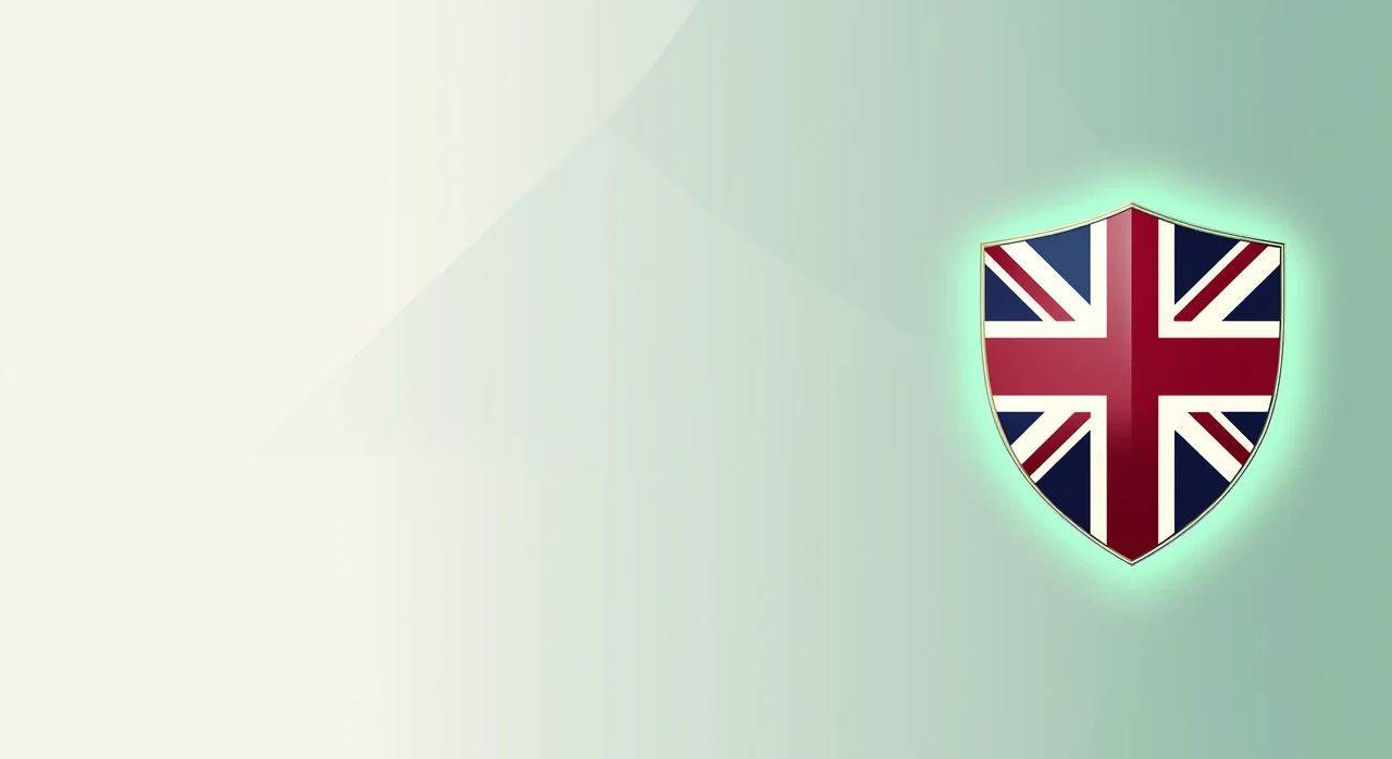 Editorial illustration: a protective shield with subtle Union Jack motif and a soft mint-green glow, representing the GamStop self-exclusion scheme